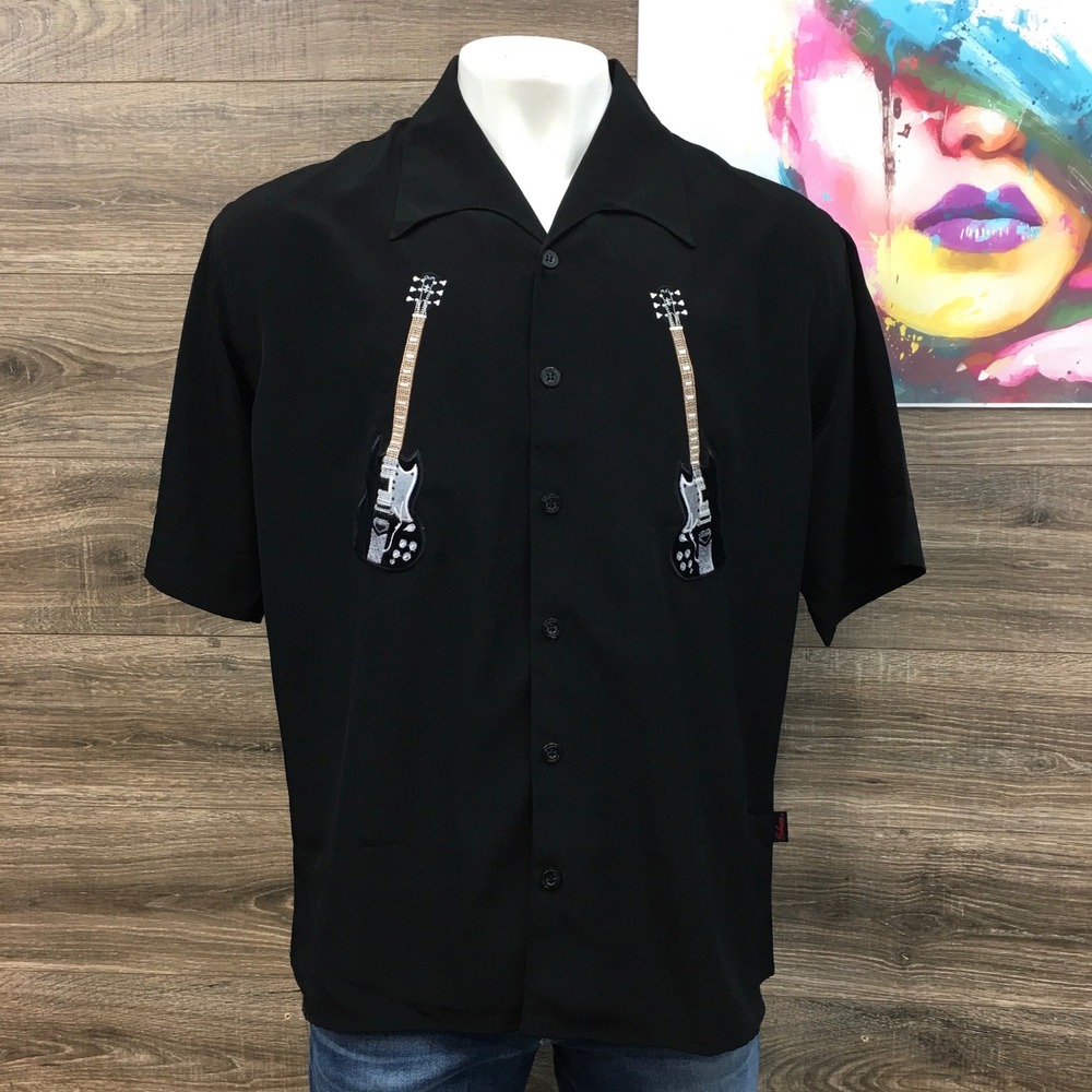 Gibson Mens XL Black Guitar Embroidered Button Down‎ Shirt Hawaiian Camp Cruise